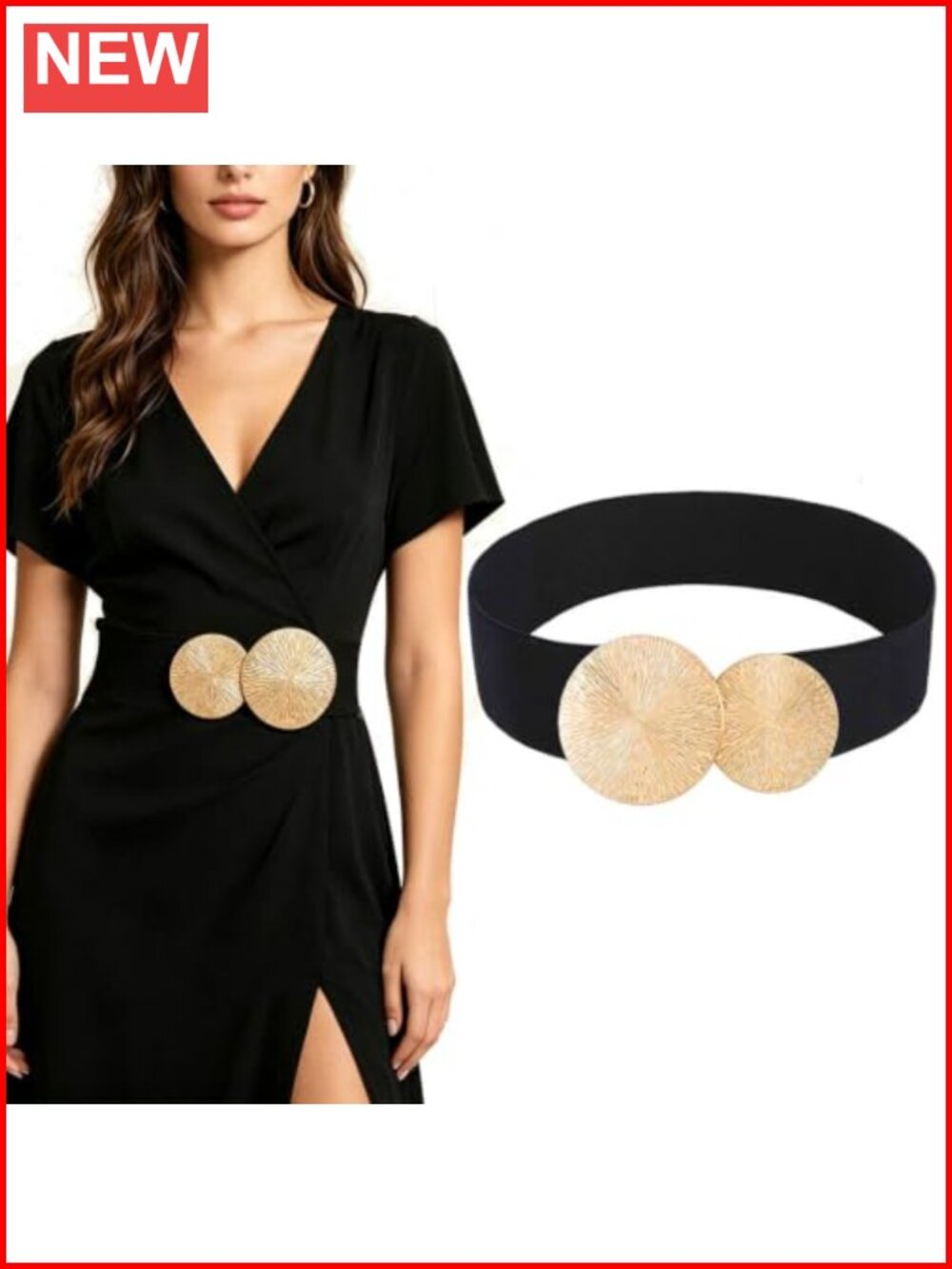 Wide Elastic Waist Belt Gold Double Circle Buckle Stretchy Cinch Waistband